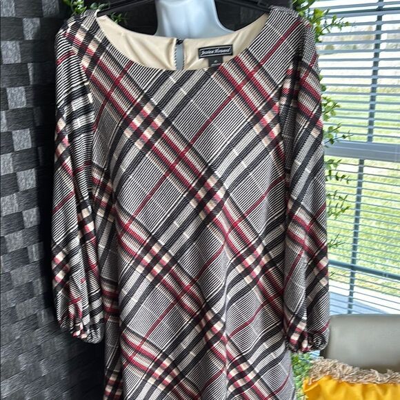Jessica Howard Black/Red/Tan plaid Sheath Dress 3/4 Cuffed Sleeves - Picture 3 of 9